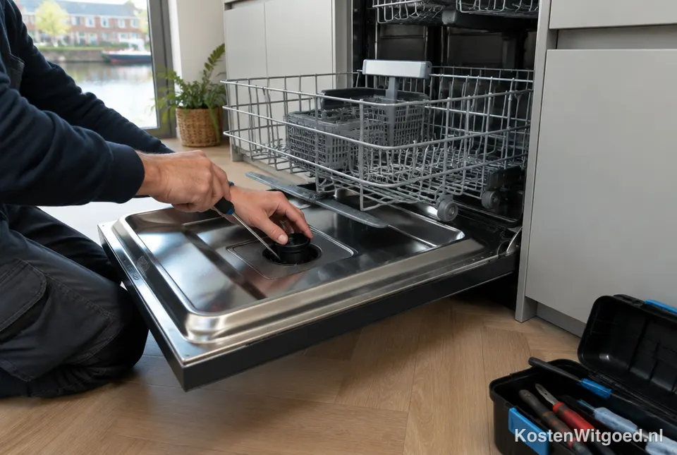 Geopende vaatwasser met gereedschap tijdens een reparatie